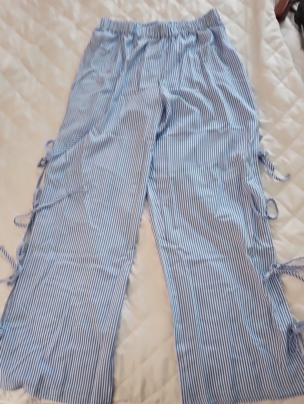 Blue & White Striped Wide-Leg Tie-Side Pants